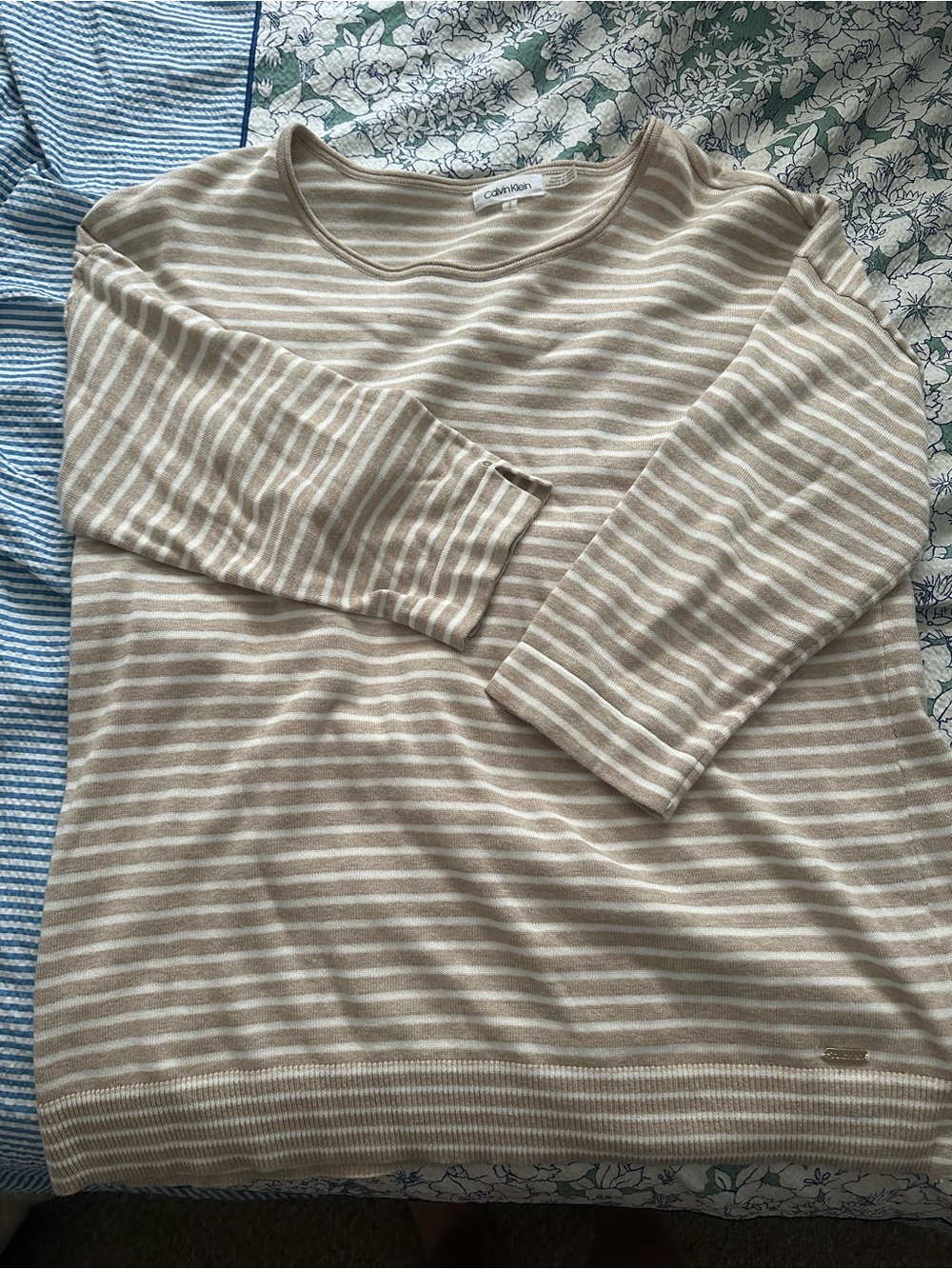 Calvin Klein Cream and White Striped Cotton Knit Top